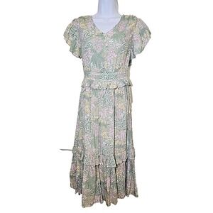 Wonderly Tiered Ruffled Maxi Long Dress Floral Green Pink Prairie Boho Garden PS